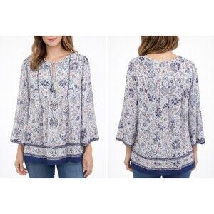 New Max Studio Blouse Small Navy Floral Tunic BOHO